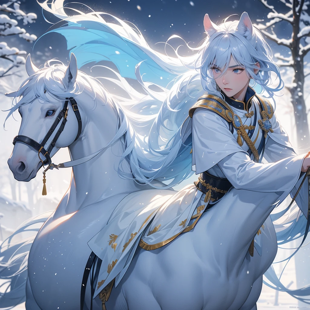 Handsome  male general holding a large sword in blue ancient Chinese general costume, Riding a white horse in the middle of a snowstorm, white snow is falling, The sun shines and the sun rises, close up, In the middle of a snowstorm, it is white, The trees are covered in white snow, The snow is falling.