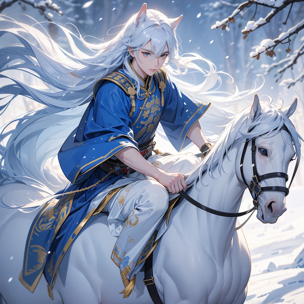 Handsome male general holding a large sword in blue ancient Chinese general costume, Riding a white horse in the middle of a snowstorm, white snow is falling, The sun shines and the sun rises, close up, In the middle of a snowstorm, it is white, The trees are covered in white snow, The snow is falling.