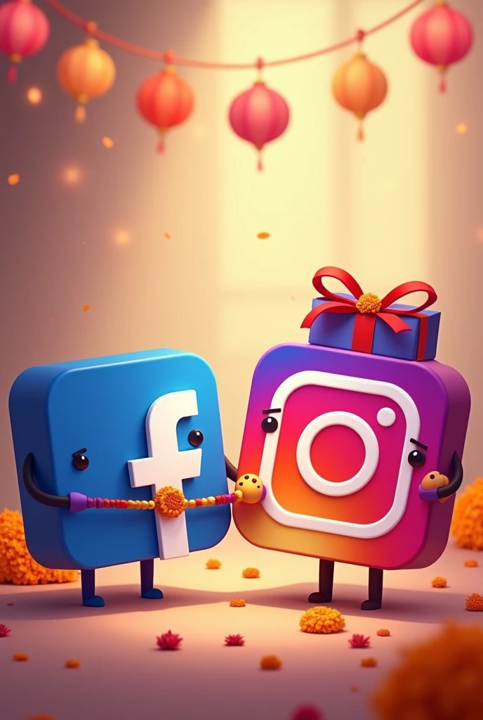 Generate an image in which Facebook icon/logo is tying Rakhi on the hand of Instagram icon/logo and instagram icon/logo is hiding gift behind him 