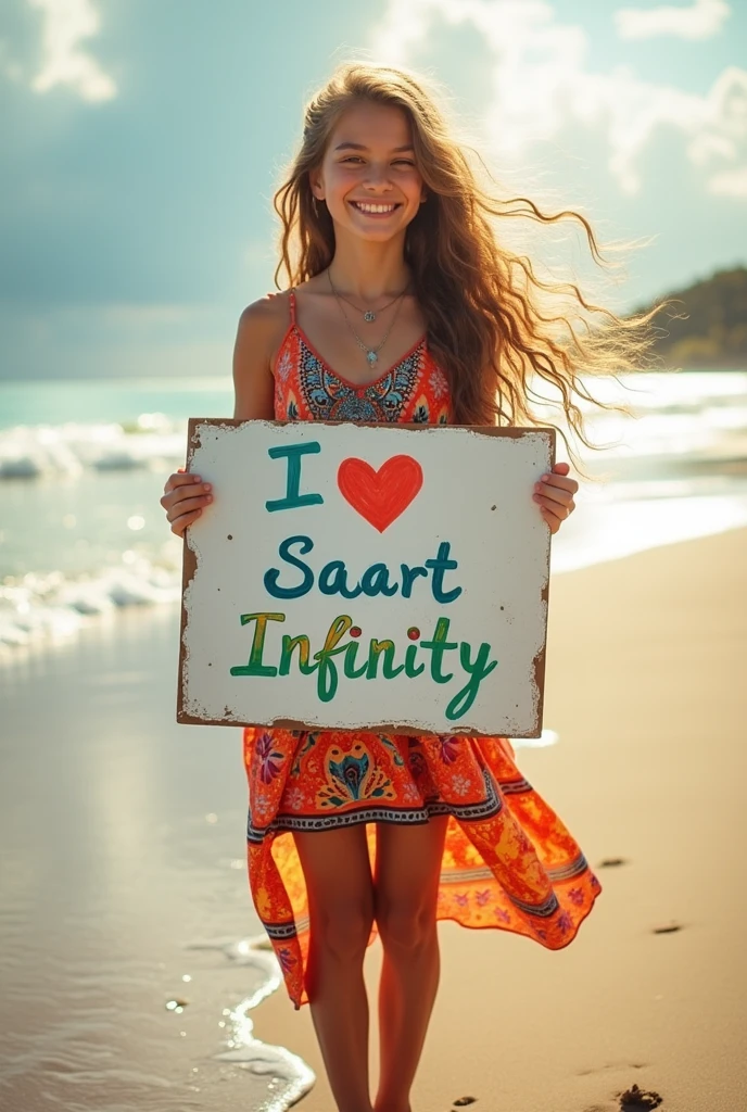 Beautiful girl with wavy long hair, bohemian dress, holding a white board with text "I Love Seaart Infinity" and showing it to the viewer
