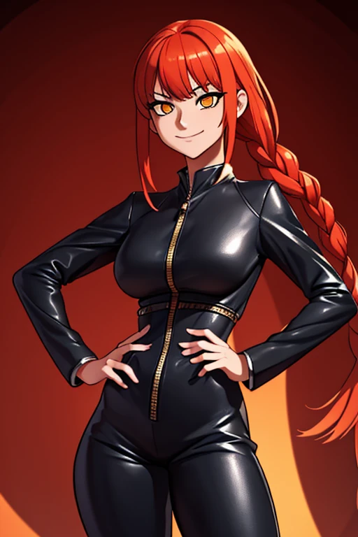 makima \(chainsaw man\), best quality, ultra detailed, 1girl, solo, standing, red hair, long braided hair, golden eyes, bangs, round breasts, wide hips, black leather suit, stare, smile, (evil:1.2), looking at viewer, color connection, colorized, vibrant color scheme, colorful, spot color, cinematography, hyperdetailed, beautiful face, 4k, HD, artstation trending on artstation,
