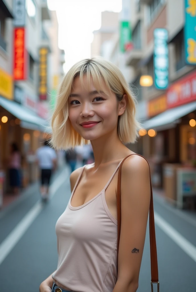 Blonde, short-haired Asian beauty, Japanese woman. Natural pose, casual clothing, natural and self-portrait style. In the city. Her chest is slightly larger, she has a small tattoo on her arm. Healthy body, smiling. Upper body is visible. She looks like Ayumi Hamasaki.