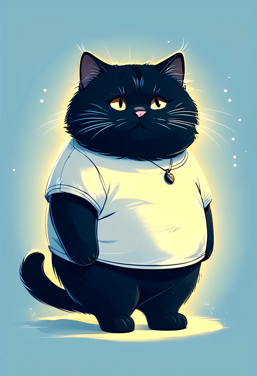 A whimsical and adorable scene featuring a chubby, anthropomorphic cat standing in a slightly hunched posture, wearing a small blue t-shirt and loose-fitting shorts. The cat has a pensive, almost melancholic expression on its face, with its round belly protruding from under the shirt. The background is a simple, muted blue, allowing the focus to remain on the charming and slightly sad cat. The overall mood is one of gentle humor and endearing cuteness, capturing the cat's expressive and relatable demeanor.