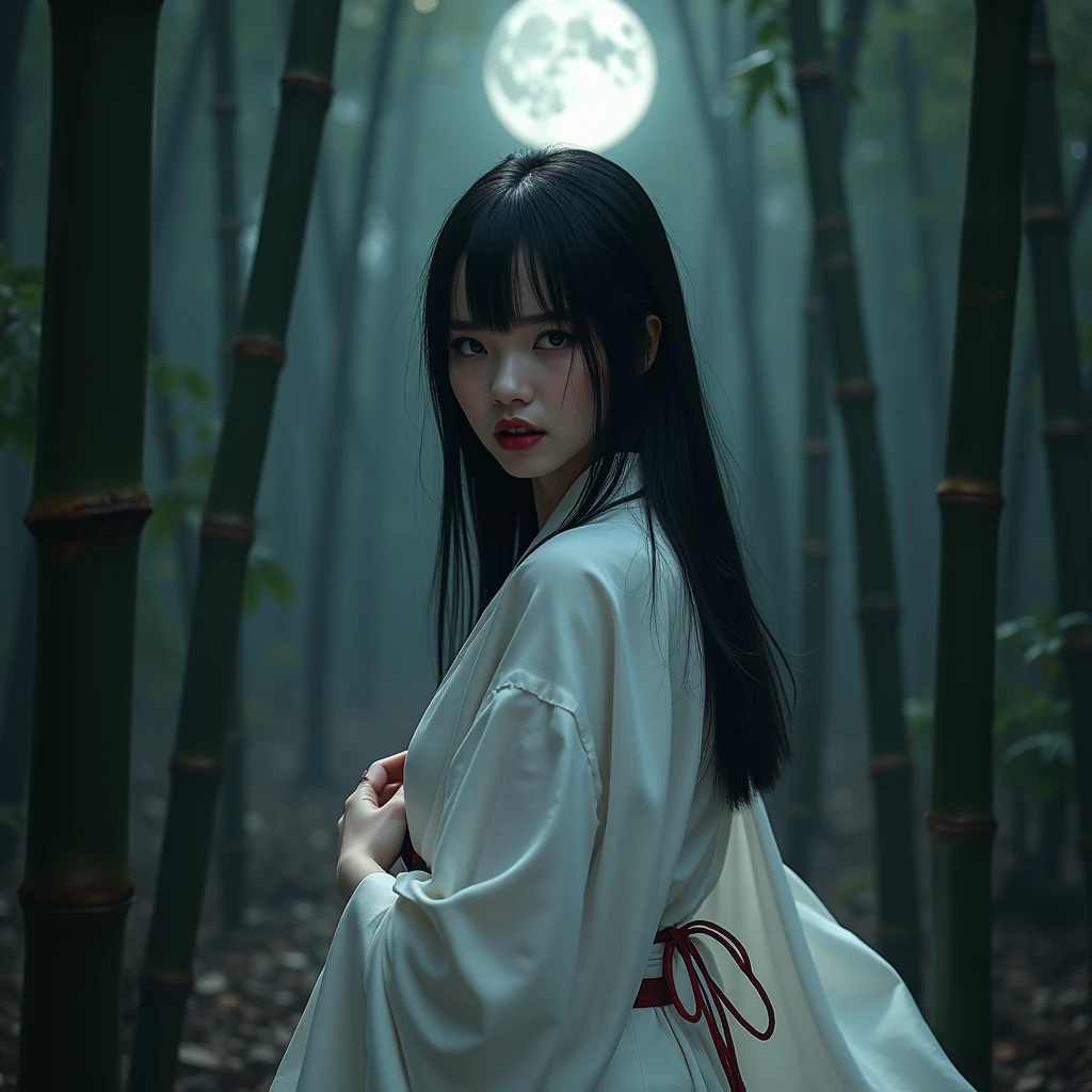 bamboo forest、night、Wearing a white kimono stained with blood、Demon woman baring her fangs:1.5、Detailed bloody fangs、Detailed bloody mouth、Detailed corners、Beautifully detailed eyes、 Straight black hair、Ideal body type、Big Breasts、Tight waist、Detailed skin、Mythical creatures、Realistic、Very detailed、8k、masterpiece、Dramatic lighting、Cinematic、elegant、Powerful、Strong gaze、Perfect Skin、Exquisite detail、Dynamic pose、Atmospheric、Stunning colors、Chiaroscuro