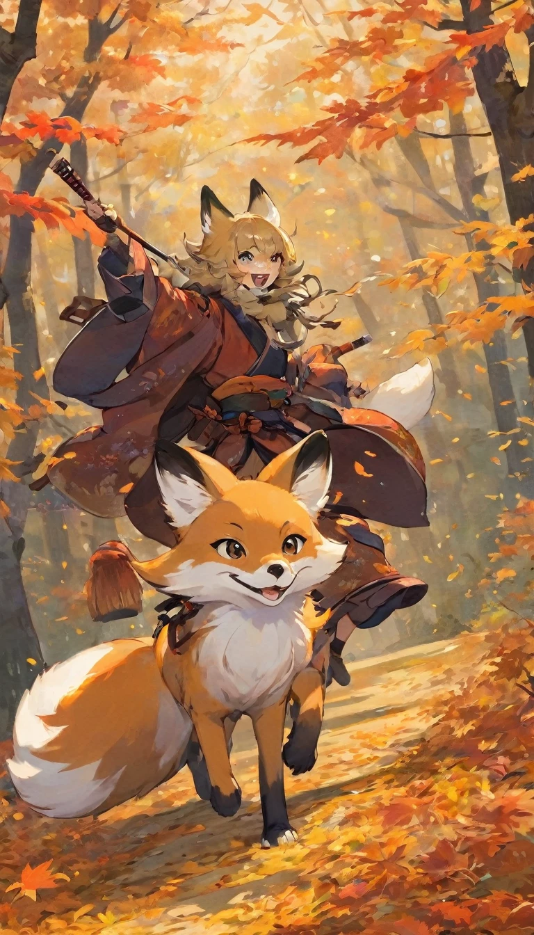 A cunning fox dashing through the forest, samurai watching with a knowing smile, autumn leaves falling, the thrill of the hunt, nature’s colors in full display