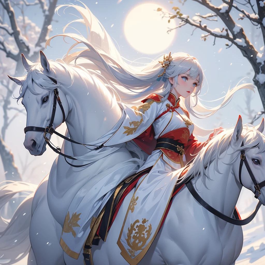 A beautiful female general holding a big spear in an ancient Chinese general costume, Riding a white horse in the middle of a snowstorm, white snow is falling, The sun shines and the sun rises, close up, In the middle of a snowstorm, it is white, The trees are covered in white snow, The snow is falling.