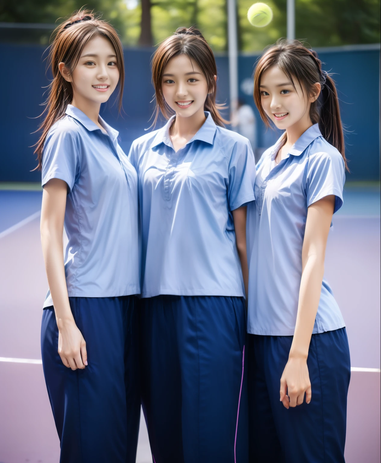 3 girls play tennis at tennis courts, Navy blue short-sleeved shirt,Navy Long Trackpant,Sweatpants, Sweatpantsขายาว,25 year old girl, lesbian, sexy, exercise clothes, wet body, exercise clothes