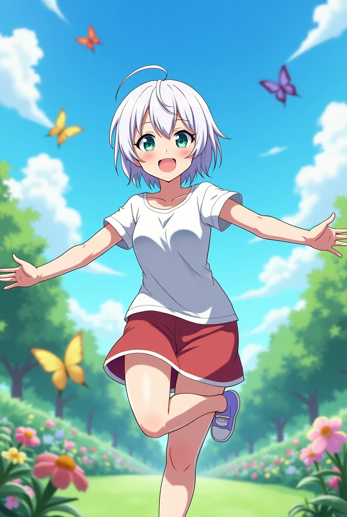 anime style, young adult woman, with the right eye blue and the left eye green, short white hair.
They are in a playful pose, lifting one leg as if they are jumping or dancing.
The character has their arms extended at their sides, with a happy and carefree facial expression. The mouth is open in a wide smile.