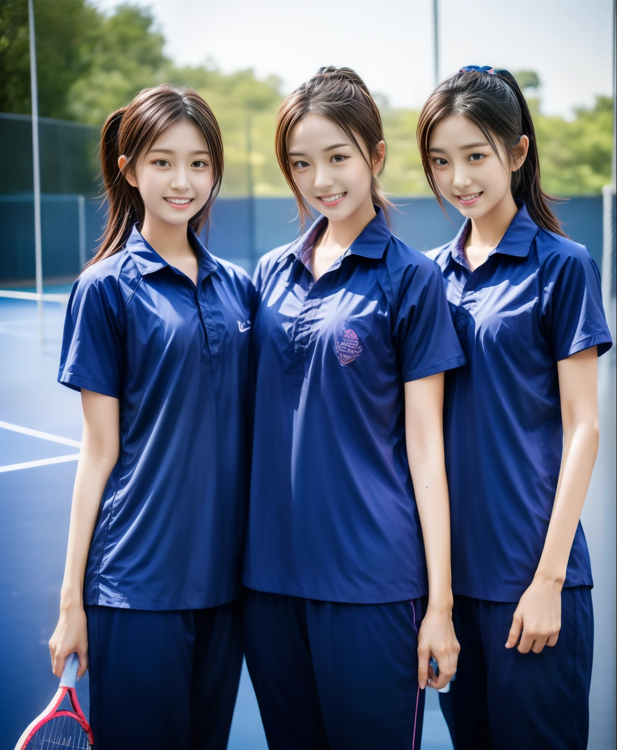 3 girls play tennis at tennis courts, Navy blue short-sleeved shirt,Navy Long Trackpant,Sweatpants, Sweatpantsขายาว,25 year old girl, lesbian, sexy, exercise clothes, wet body, exercise clothes