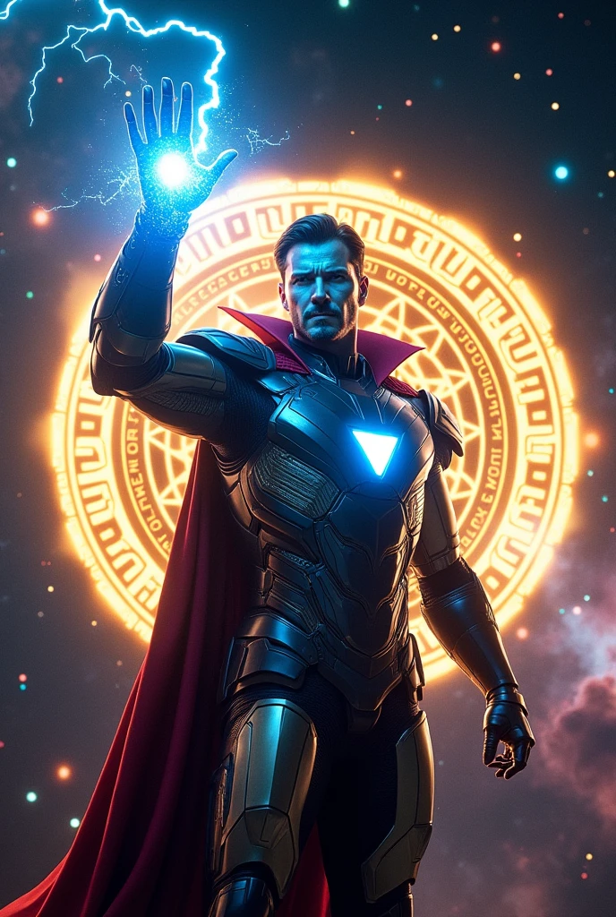 Combined super hero, with iron man, thor,dr strange,
Helmet on , armor only, space background,blue lightning in right hand,  , no cape collar, yellow spell circular design behind like in movies
Helmet design like mark 50 iron man armor