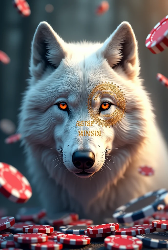 White wolf with mandalas on its face in 3D, showing only the face. , with casino chips flying through the air that has a 3D phrase standing in gold large letters "RED WINSBET" and down "RESP SOL TRIK"