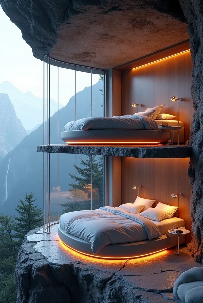 Envision a futuristic bedroom perched on the edge of a mountain cliff, with two built-in pod beds stacked one above the other. The beds are illuminated by soft, orange-hued lights and dressed in luxurious, thick blankets that offer warmth and comfort. The room is surrounded by glass walls on three sides, providing uninterrupted views of the rugged mountain landscape, with a waterfall cascading in the distance. A sleek, illuminated ladder leads up to the top bed, while the ceiling features recessed lights arranged like constellations, giving the illusion of sleeping under the stars. The floor is made from smooth stone, with heated elements to keep the room warm, and plush, cushioned seating is scattered around the space, inviting relaxation and contemplation of the natural beauty outside.