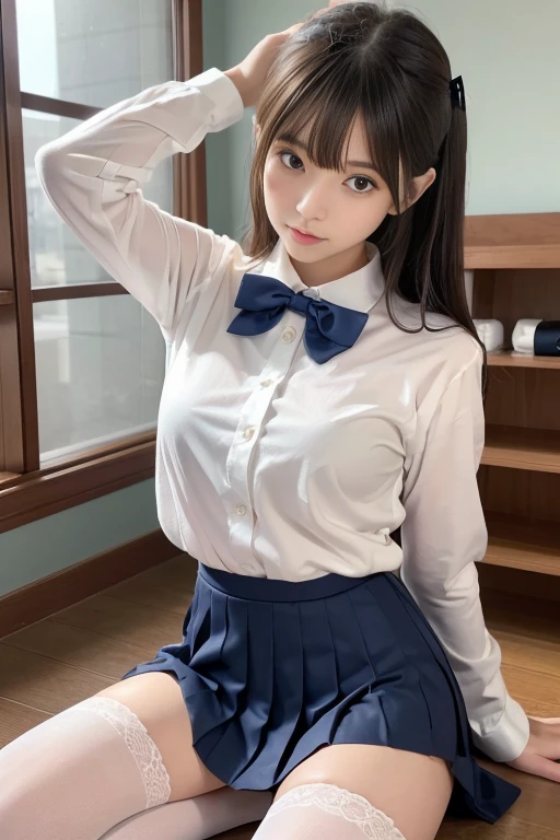 High resolution、High resolution、In 8K、Real Live Action、RAWphotographgraphy、Highest quality、masterpiece、Tabletop、erotic、young、student、White bra,White skin,knees、(Thin pantyhose in black)、Detailed Panty Pattern、Panty Focus、White lace panties、Absurd,Small face、part your bangs in the middle、The forehead is visible,(Cold look<eyeを細めて,Glare,strong,Light anger)、masterpiece,Highest quality、超High resolution,RAWphotograph,only,Beautiful poop,One person, One personで,Dark look,Small breasts,whole body、very nice、JK Uniform,(Realistic:1.37)、Photon Mapping,Light blue ribbon,Realistic、Cute Face,茶色のeye、s、(Red bow tie)、物理ベースonlyダリング、prospect、Written boundary depth、Blurred Background、photograph,we、body,Beautiful legs, Long legs, Thin legs,Bobcut,(I can see the bangs), lips, green_eye, Nose Soft,(White shirt with open neck), (Navy Pleated Skirt(Please lift your skirt、White panties are visible), kneesが見える,See-through clothing,Cute Japan、キラキラしたeye、Glossy lips、Dynamic pose,Short white socks、Showing the dirty soles of a foot raised in the air.