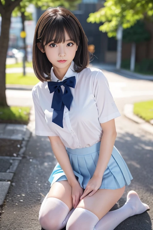 (masterpiece, best quality),1girl, solo,cowboy shot, 
cute face, kawaii, flustered,
wet shirt,white panties,bra visible through clothes,
school uniform,serafuku,skirt lift,
steam,public,
outdoors, summer,blue sky, rain, nice hands,
(looking away:1.2), (looking up, facing up),from below