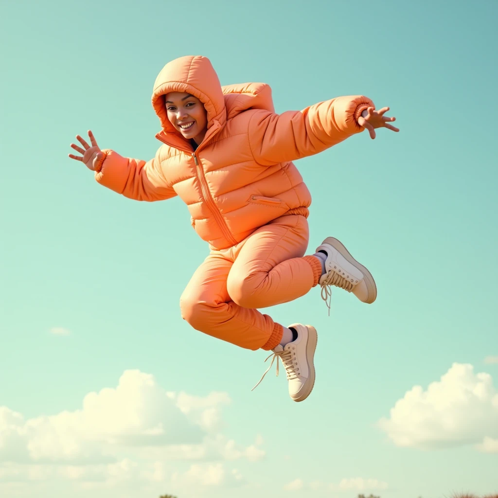The person is jumping。
Wearing a balloon suit、They are flying with the wind。
they are wearing a light orange jacket and large sneakers.。jumping towards a bright future, their eyes shining with anticipation for what lies ahead。