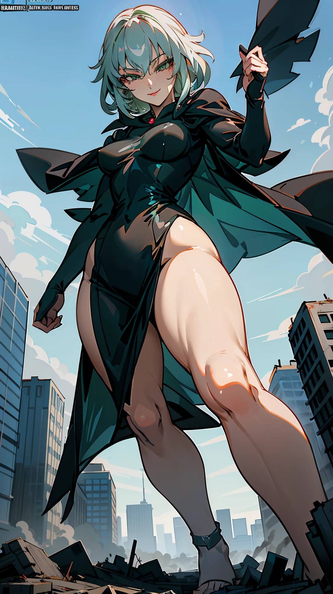 "Giantess ((Fubuki from One Punch Man)) elegant and powerful (masterpiece best quality) confident expression (real picture intricate details) (1 lady solo slender yet voluptuous body) short black hair intense green eyes (flowing cape and tight dress highlighting her curves) standing amidst a ruined city, tiny heroes at her feet crushed and defeated (dominance and beauty) (one hand casually lifting a tiny hero, ready to crush him) Background: City Z in ruins, sun setting with dark clouds overhead."