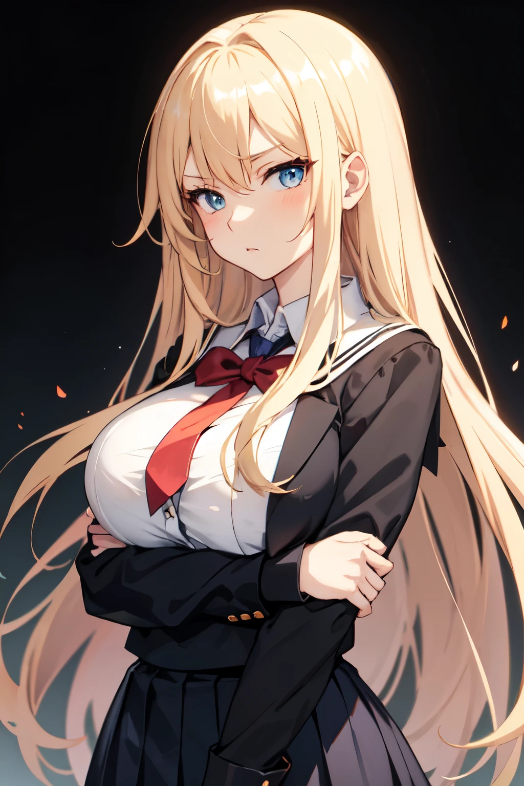 (schoolgirl)), ((anime)), 1girl, long hair, blond hair, hime cut, 2 sidelocks, stern expression, dark blue eyes, fair skin, big breasts, honor student