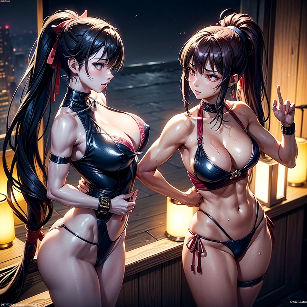 (Masterpiece), (Mysterious Mood), Score_9, score_8_up, score_7_up, 2girl, 2 beautiful young women looking at each other, long hair, breasts, fighting pose pink nipples and breasts touching each other, big breasts, brown hair, cleavage , nude shoulders and cleavage, brown eyes, closed mouth, upper body, ponytail, high hips exposing legs and buttocks, red kimono, blue cheongsam, sleeveless, high hips exposing legs and buttocks, collar, blurred, arms, lips, bangs , belt, high ponytail, headband, rope, armband, ninja, Mai Shiranui, Chun-Li, cleavage, big breasts, exposed bikini breast details, Devil May Cry style, full of energy and ready to go.    Glowing blue, a sinister form of corruption, the right arm is a twisted masterpiece, blackened and imbued with glowing sapphire energy, emanating raw power and glowing with a dark, otherworldly light.     , neon lights flashing, dark as midnight, red blood vessels beating.  A mixture of black leather and silver jewels, with pink nipples, all decorated with chains and glowing runes.    Clothes may unintentionally separate (unfold), become embedded (causing clothes to be pulled up to the crotch of the body), shirts may tear, tops may slip off (causing soft side lighting, high-detailed masterpieces, delicate skin, Japan Scent) Samurai Girl, Vintage Details, Distressed Turtleneck, Cyberpunk Samurai, Silver Glitter, Big Breasts, Cleavage, Navel, Moisturizing, Cyberpunk, Japanese Streets, Darkness, (Surreal, Large Depth of Field, Color, 3D octane rendering, 4k trends, concept art, smooth lips, smooth eyes, smooth skin, smooth eyes, smooth eyes, smooth eyes, eyeliner, light makeup, eye makeup, shut up, female orgasm, shyness, Blushing, visible nipples, natural sagging breasts, embedded panties, toned body, hourglass body, (wet) body: 1.6, embedded: urn: air: sd1: embedded: civitai: 222256@250708, embedded: urn: air: sd1: embed:civitai:222256@250708, (score_9, Score_8_up, 188loloy,