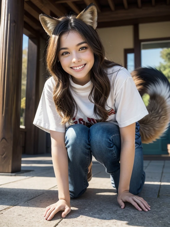 ((Highest quality, 8k)), ((masterpiece)), (Highest Resolution), Perfect Face, Raccoon-eared woman, Female college student, Beautiful woman, Outdoor, One tail, she has thick thighs, Big raccoon tail, She has a brown raccoon tail, She wags her tail, Laugh with your teeth showing, Fur collar, She is wearing a shirt and jeans., Beautiful Hips , The raccoon tail sticks out of her , Big Ball fours