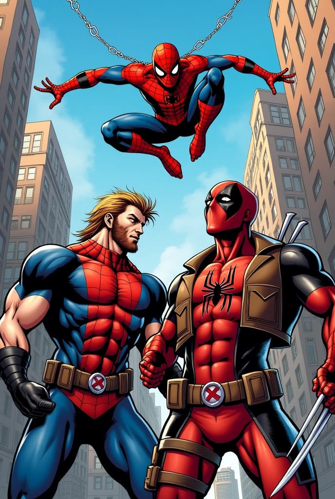 Spider-Man, Wolverine and Deadpool in the style of Mar del comic pero sin que deadpool tenga las garras ni traiga el traje de Spiderman deadpool sin garras
