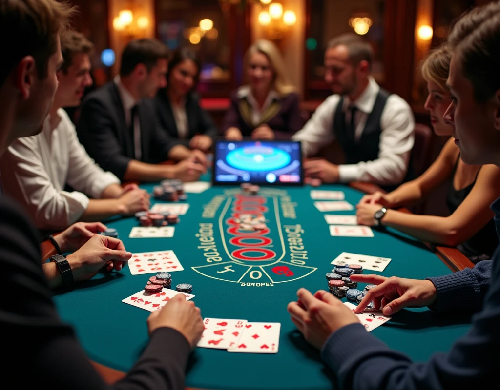 High angle shot of a baccarat table full of cards, lots of chips, players around placing bets confidently, and a tablet in the middle of the table. The screen shows the baccarat game. Real shot, long shot, high definition shot.