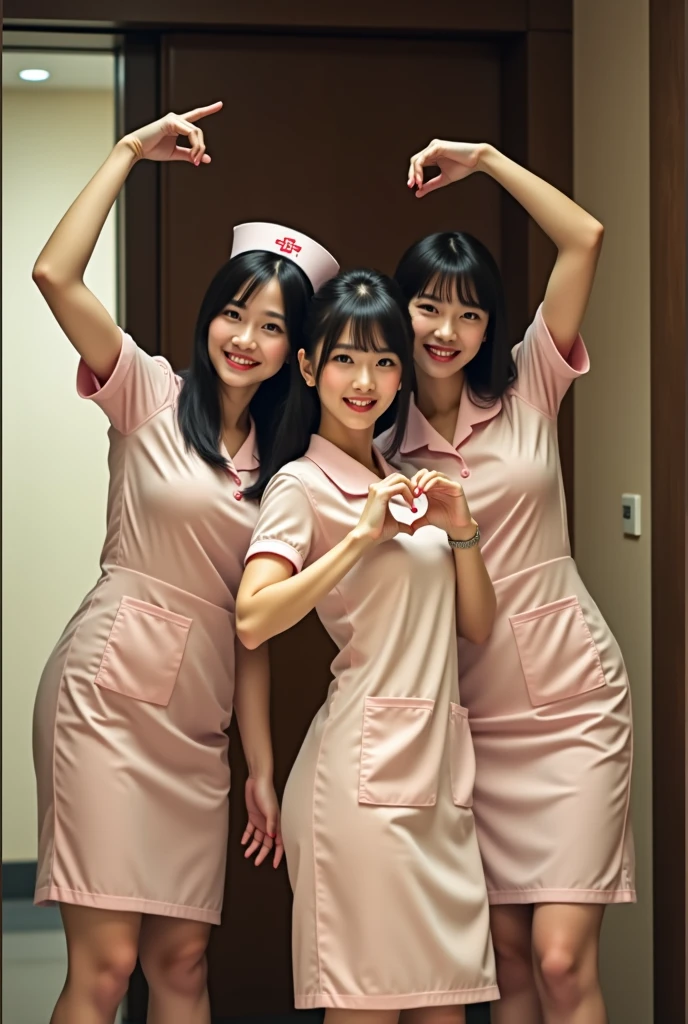 photograph, cowboy shot, three women with hands together making heart shape, smiling beautiful Japanese female nurses wearing nurse uniform, hourglass figure, beautiful detailed face, black hair, pale skin, fair skin, realistic skin, detailed cloth texture, detailed hair texture, Perfect proportion, Anatomically correct, Highly detailed face and skin texture, private modern hospital room, looking at viewer, asian face , perfect anatomy, realistic