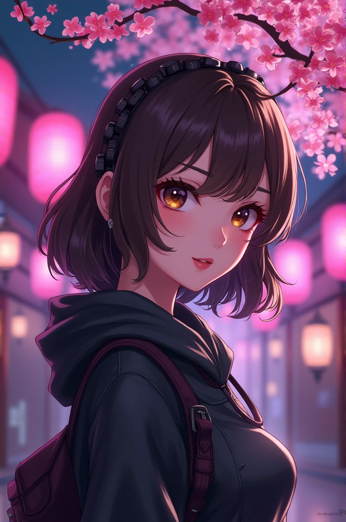 Create an avatar of a girl gamer, white skin with wavy brown hair, pink lips, Brown eyes. Japanese themed background with black as the dominant color, fuchsia, purple. anime style. 1000x1086