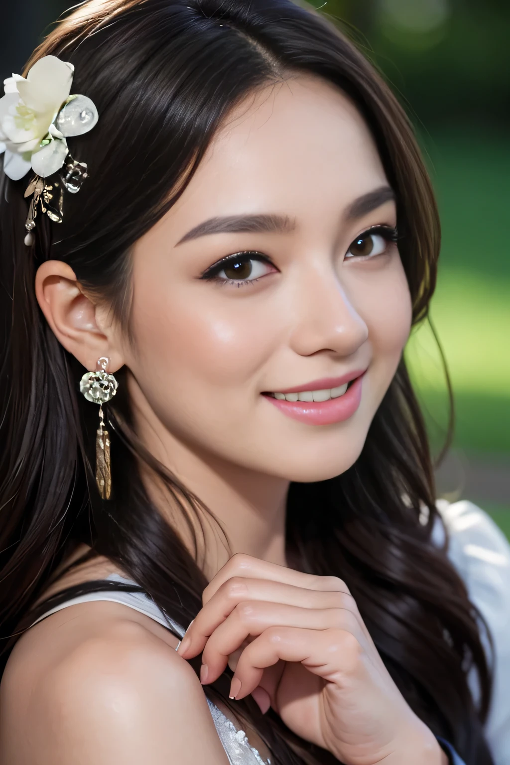 Masterpiece, best, night, full moon, 1 female, mature woman, Chinese style, ancient China, elder sister, royal sister, smile, dark brown hair, dark hair, princess cut, braid, curly hair, double ball head, pale pink Lips, calm, intellectual, medium hair, green pupils, hairpin, hydrangea, delicate face, face close-up, hand close-up