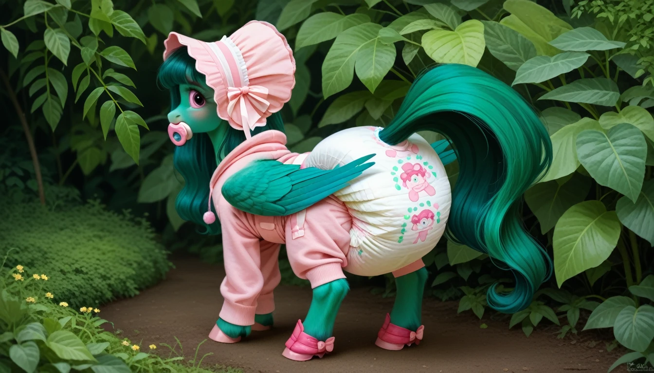 pony, Pegasus, adult mare, emerald green fur, a lush mane of green, gathered in a bonnet of adult size light pink color, a lush tail of green, stands on four hooves, rear hooves spread wide apart, wearing a pink adult-sized onesie and pink booties, pink pacifier in mouth, solo, thick light pink diaper under clothes, bulge on the back of the diaper, between the hind hooves and on the front of the diaper, saggy diaper, pink blush on cheeks, Embarrassment, Awkwardness. 