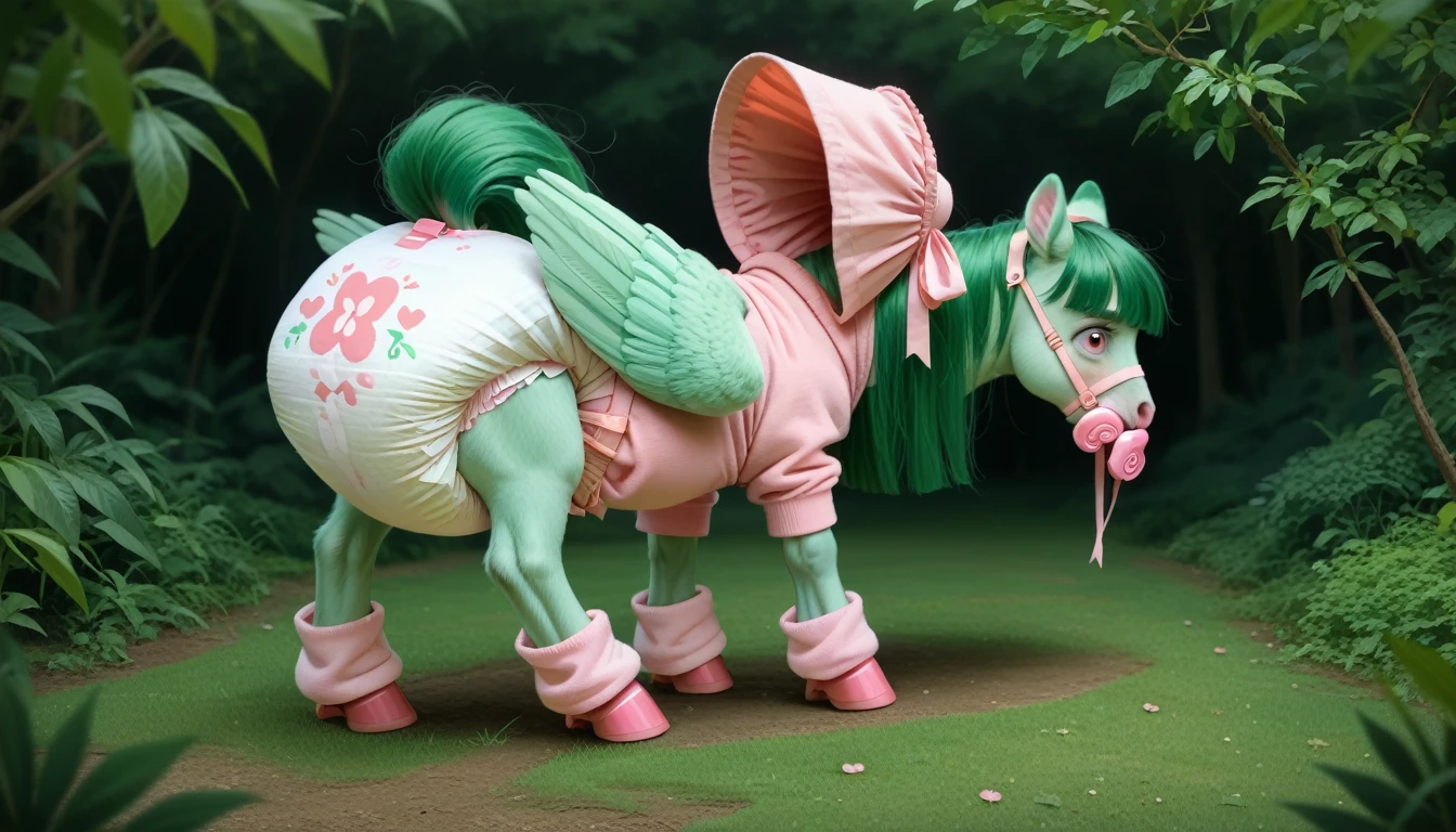pony, Pegasus, adult mare, emerald green fur, a lush mane of green, gathered in a bonnet of adult size light pink color, a lush tail of green, stands on four hooves, rear hooves spread wide apart, wearing a pink adult-sized onesie and pink booties, pink pacifier in mouth, solo, thick light pink diaper under clothes, bulge on the back of the diaper, between the hind hooves and on the front of the diaper, saggy diaper, pink blush on cheeks, Embarrassment, Awkwardness.