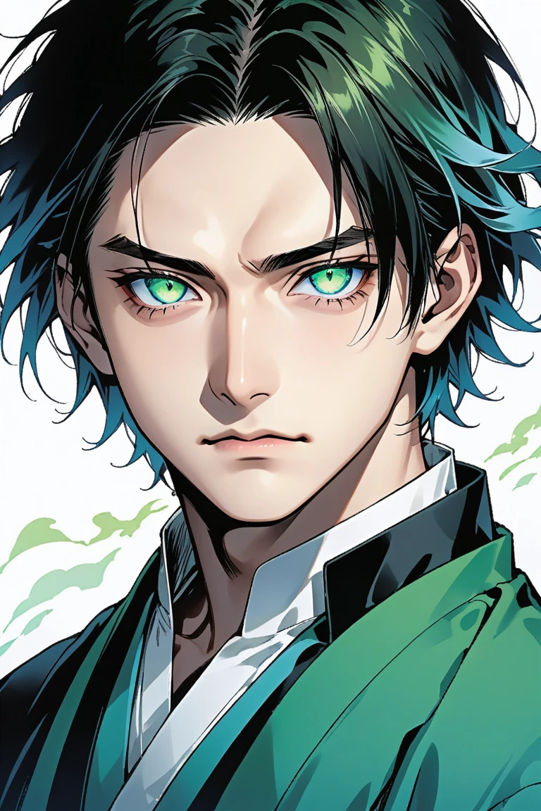 Illustrator, anime , Realistic ,sketch , school uniform、Black and light blue gradationの髪、Black and light blue gradation、male性、male。Handsome、Straight face、male、Green Eyes、Demon slayer
