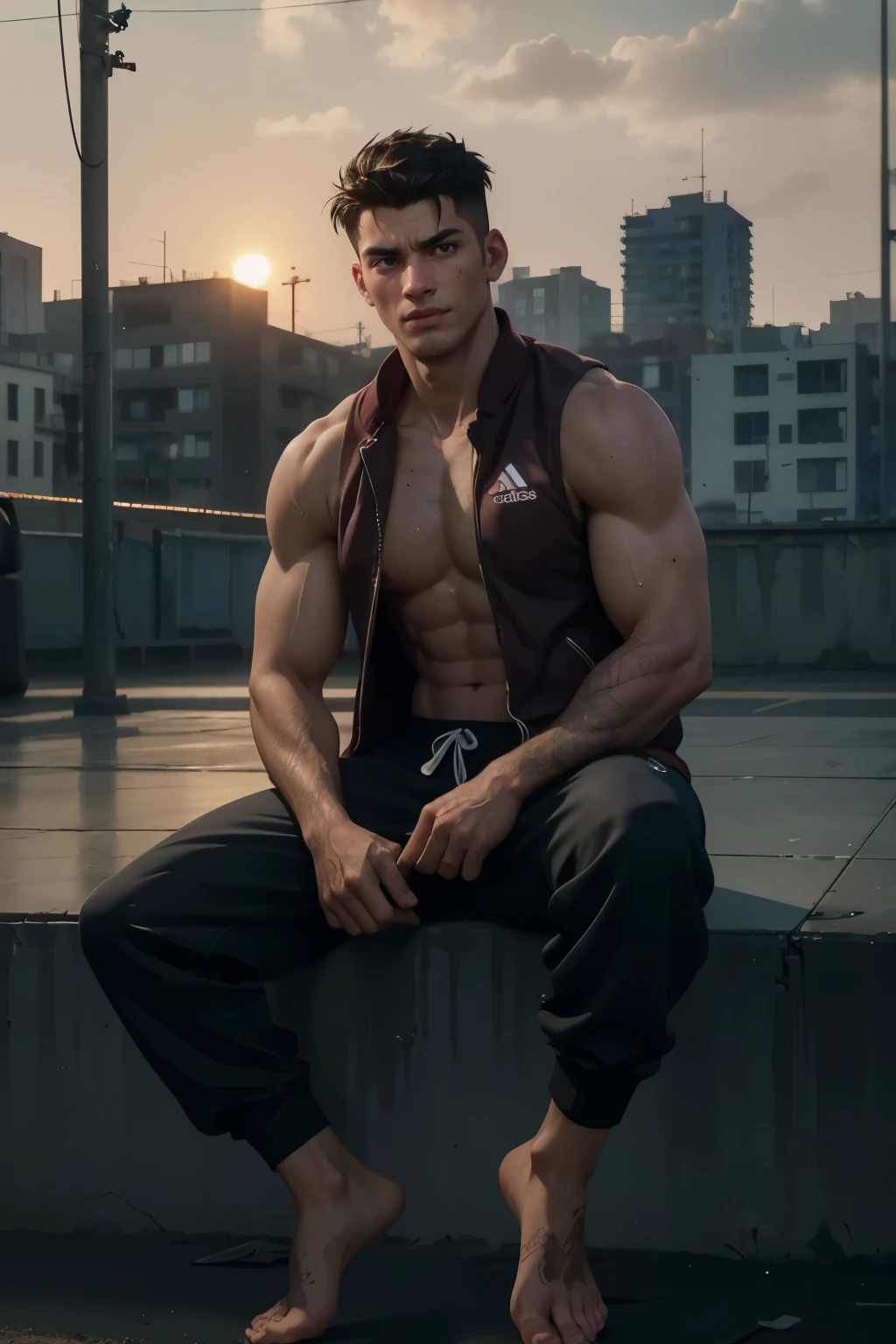 young 18 years old hot barefoot muscular street fighter, ruddy himbo boy, full height, hot libido of south European nationality, in an old worn dirty sleeveless Adidas tracksuit. Muscle flexing on an open air abandoned basketball playground in rainy day. He sits with his back against the wall and shows the bare dirty soles of his feet. Sweating. Direct look. Unbuttoned dark red Adidas sports jacket with torn sleeves, rolled up ragged old worn black indigo, dirty sweatpants, boner in pants, trained sweaty abs, brown eyes, very short brown male sweat hair cut, dirty bare feet, bare heels, hot smile, bloody gunshot wounds to the thighs. (best quality,4k,8k,highres,masterpiece:1.2),ultra-detailed,(realistic,photorealistic,photo-realistic:),HDR,UHD,studio lighting,ultra-fine painting,sharp focus,physically-based rendering,extreme detail description,professional,vivid colors,bokeh,portraits,gritty. Evening, sunset