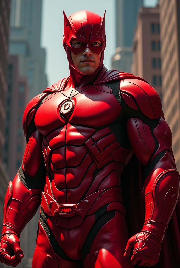 a man wearing a red superhero costume,. Red helmet highly detailed, dynamic pose, high quality, photorealistic, intricate costume design, musculature, strong lighting, cinematic angle, dramatic shadows, vibrant colors, comic book style. Circle logo on chest. Liard logo on chest. 