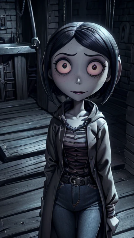 (1girl, coraline), (extremely detailed CG unit 8k wallpaper),(master part), (best quality), (ultra detail), (best illustration),(TimBurton Animation), cowboy shot, (Sharp eyeliner, ombre, detail eyes), dark dungeon interiors background, ,break , (vamptech), decolorise, child, freckles, pale skin, excited expression, raincoat, jeans