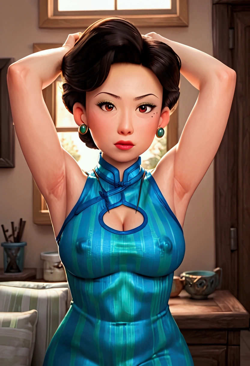 1girl, breasts, solo, armpits, cleavage, mature_female, jewelry, earrings, dress, brown_eyes, arms_behind_head, Farang Ding Dong Breasts, cleavage_cutout, clothing_cutout, chinese_clothes, lips, black_hair, covered_nipples, china_dress, sleeveless, short_hair, looking_at_viewer, arms_up, makeup, brown_hair, upper_body, window, hair_bun, indoors, mole, blue_dress, mole_under_eye, veiny_breasts