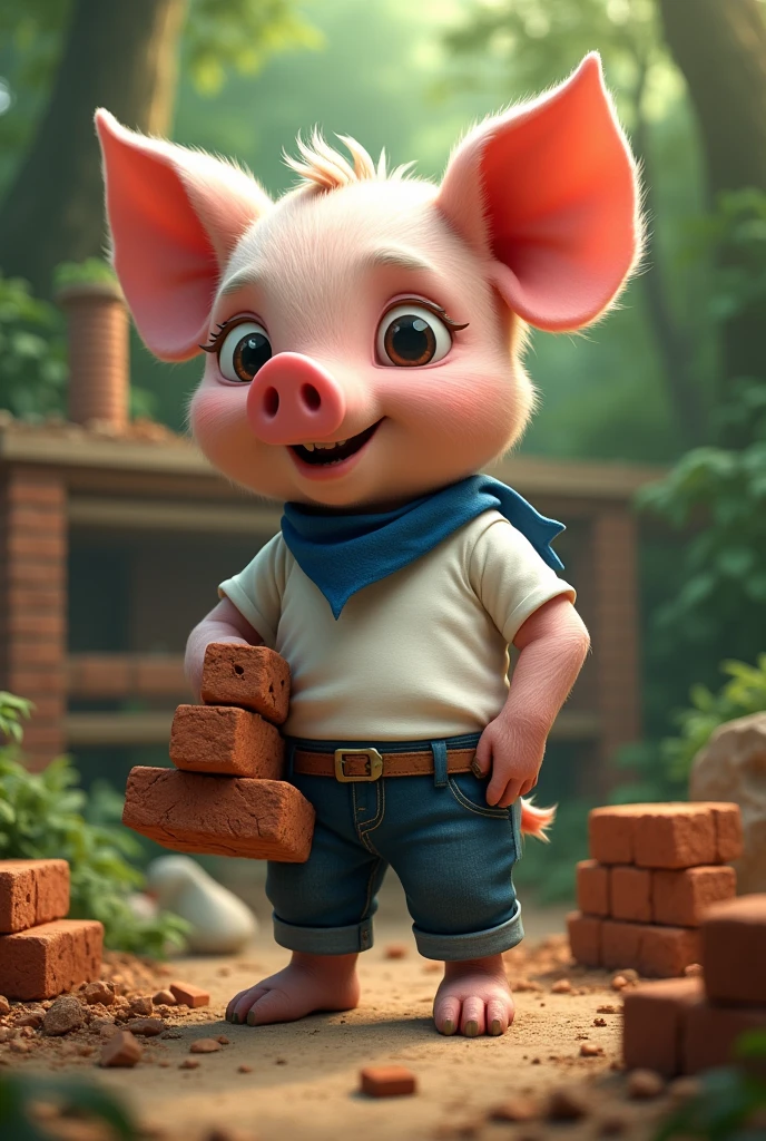 full-body illustration, (1male piglet:1.2), (determined expression:1.3), wearing a white t-shirt, blue jeans, and a blue bandana, (strong and hardworking:1.3), muscular build, (holding a stack of bricks in hand), (building a multi-storey proper house with chimney), surrounded by construction materials and tools, (realistic fur texture), (jungle background:1.4), standing in front of a half-constructed brick house with sturdy walls, sunlight filtering through the trees, (soft lighting:1.3), (green and earthy color scheme:1.3), (highly detailed), (ultra quality:1.3), (masterpiece), (digital art), 8K resolution, HDR, depth of field, (soft shadows), (photorealistic:1.3), (animation:1.2), (by Greg Rutkowski:0.9), (in the style of Alphonse Mucha), trending on ArtStation, award-winning art