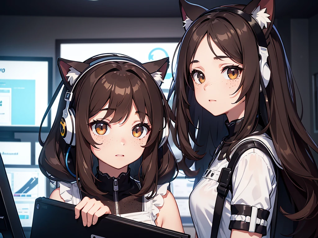 anime styling. 25 year old female, round brown eyes, dark brown mid back hair, headset gamer, holding two gray cats with white stripes on his lap