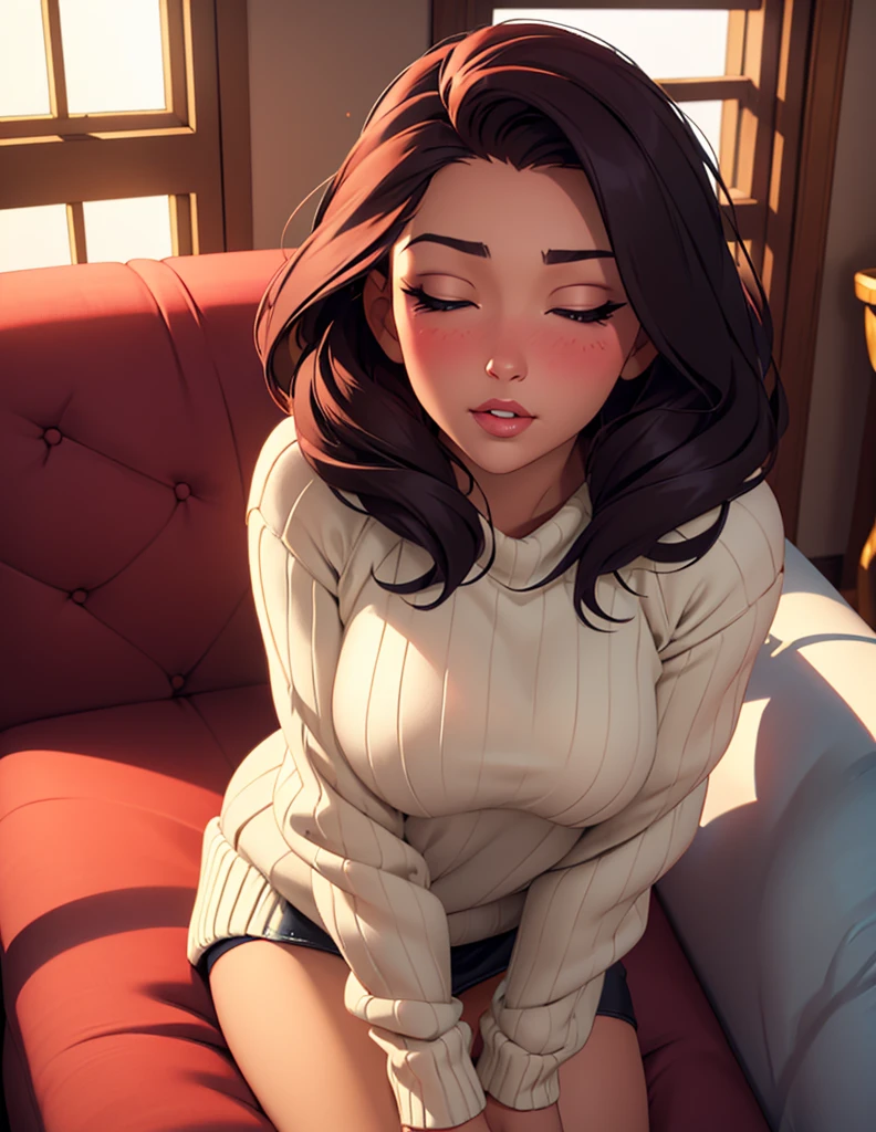 sexy woman, perfect hair, Stunning make-up, seductive look, blushing deeply, ready to kiss, long oversized sweater, sitting comfortably on the sofa, window, natural light beaming through window, Beautiful face, looking at us seductively, very seductively provocative