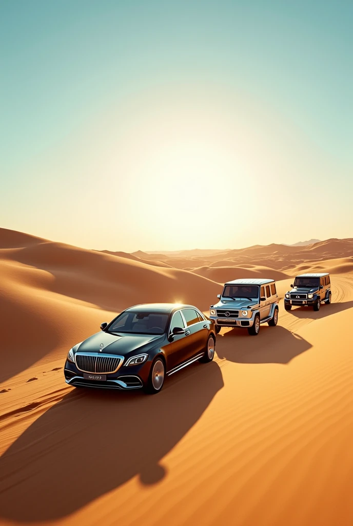 MERCEDES Maybach s680 on desert road of dubai and two Mercedes gwagon one in front and one on backward