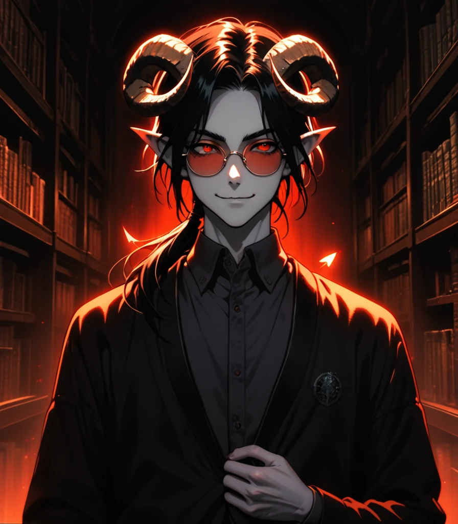 masterpiece, 1boy, lean body, solo, official art, beautiful, modern fantasy, male drow with curled ram horns, pale skin, medium length black hair in low ponytail, red irises, eyeglasses, bishonen, easy smile, cinematic lighting, sharp ears, 2D, kind Expression, university student, niji midjourney, niji, pixiv, arrow-tipped dark demon tail, protagonist, library background, holding a book