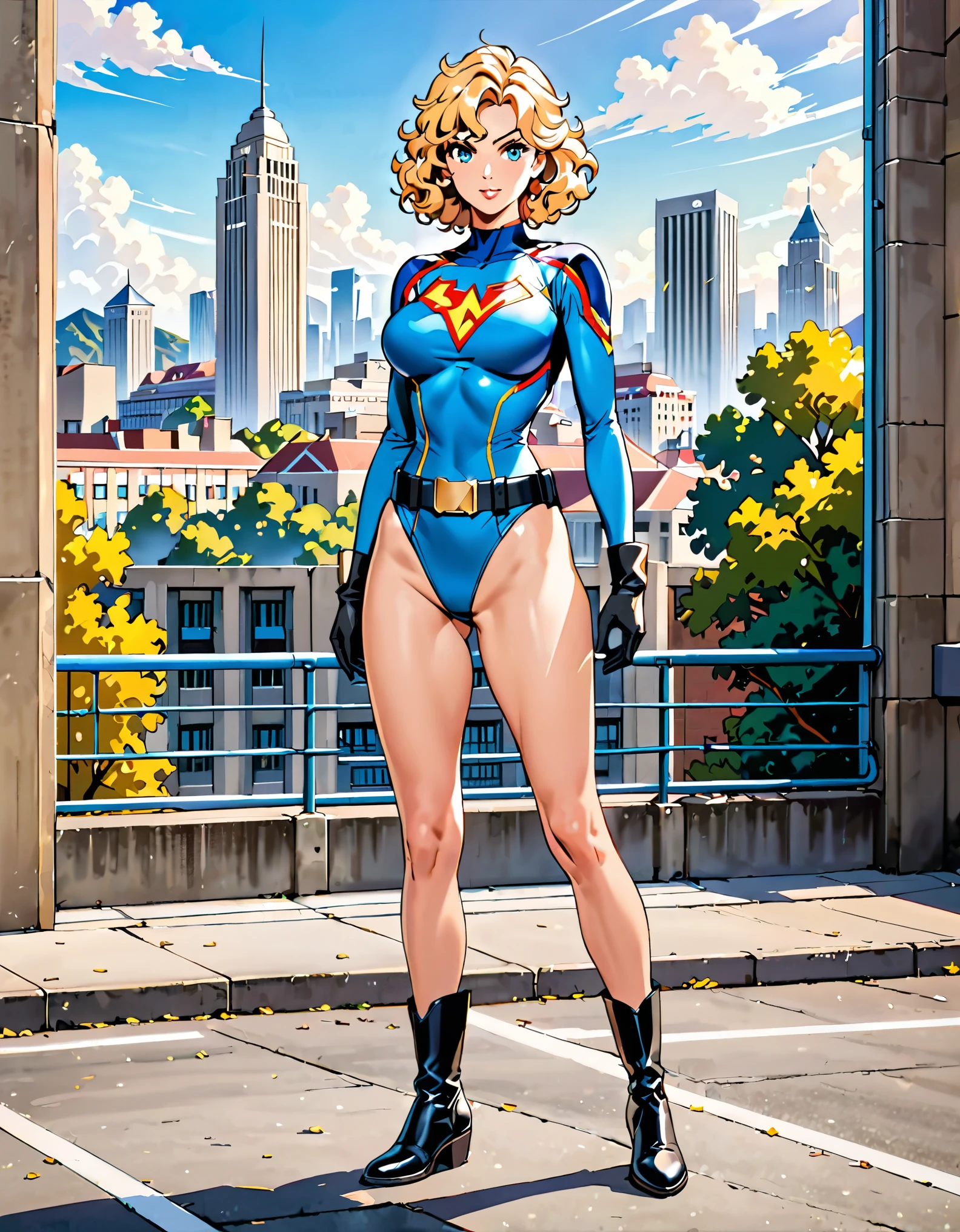 masterpiece, best quality, hires, 1girl, medium breasts, ((leotard, light blue leotard)), long sleeves, (lighting bolt /(emblem on chest/), (bare legs), ((fastened tight belt)), black boots, matching boots, ankle boots, black gloves, wrist-length gloves, city backdrop, solo, single, standing, full body shot, cowboy shot, superhero, beautiful detailed eyes, beautiful detailed face, blonde hair, (short hair), wavy hair, high school backdrop, outdoors, mature lady, teacher, perfect body, good proportions