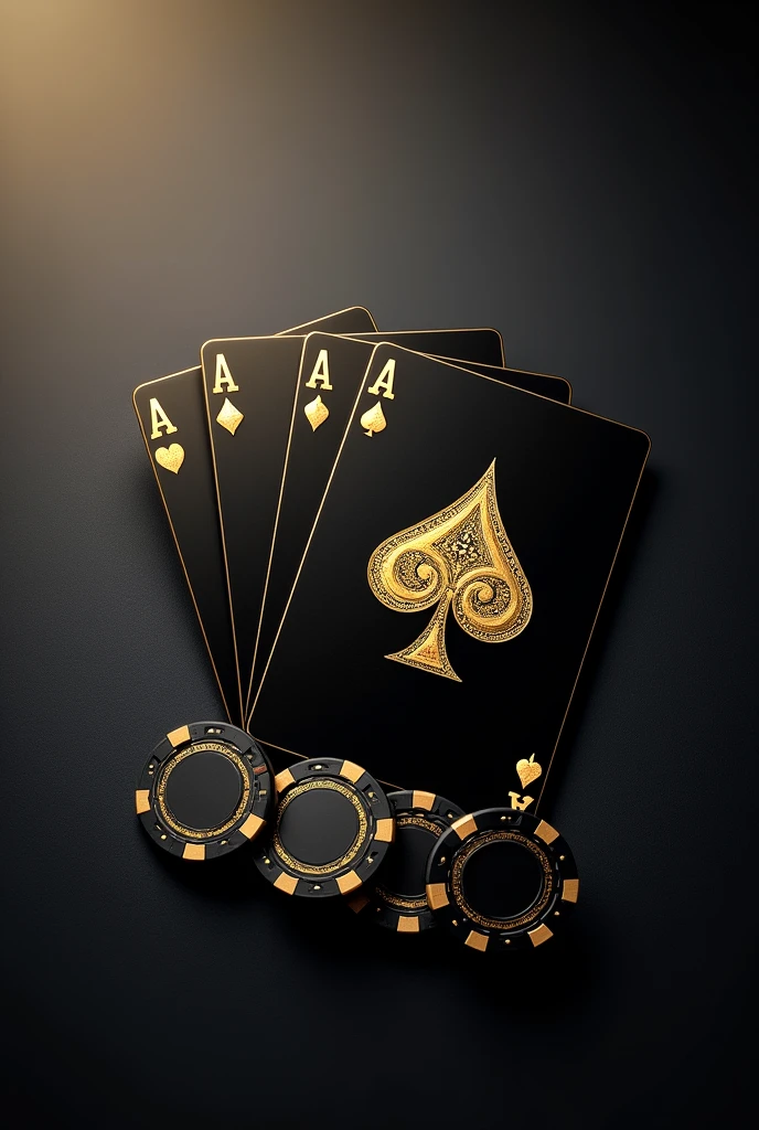 generate 8k images in pdf format for cell phone background of golden deck with black background mixed with gold But something simple with the deck cards in black and the symbols in gold but only with the 4 A's simple background in black half gray with poker chips in black with gold at the base of the cards as if the cards were on a table and the poker chips at the bottom of it with the top view of the cards