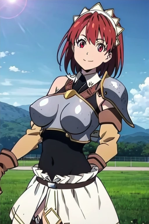 Cecily Campbell, big breasts, armor, breastplate, white skirt, thighhighs, gloves, red hair, red eyes, 1girl, solo, looking at the viewer, upper body, smile, closed mouth, sunny weather, outdoors