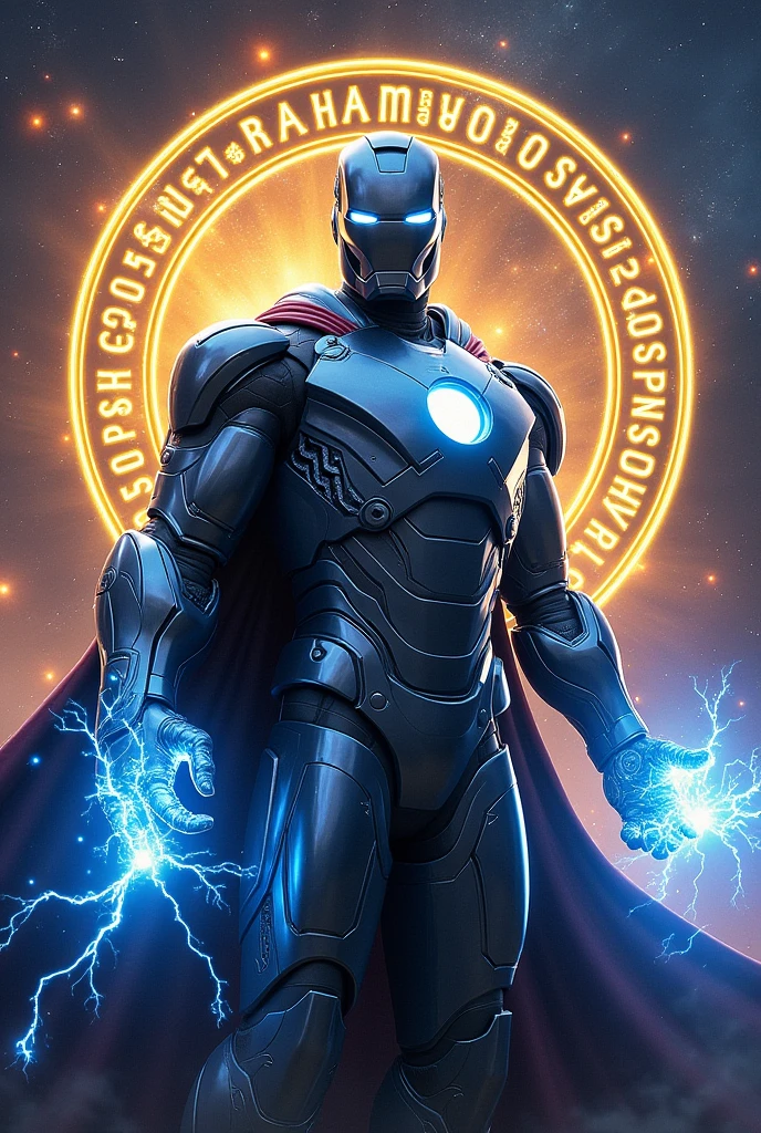Combined super hero, with iron man, thor,dr strange,
Helmet on , armor only, space background,blue lightning in right hand, , no cape collar, yellow spell circular design with writing behind like in movies
Helmet design like mark 50 iron man armor