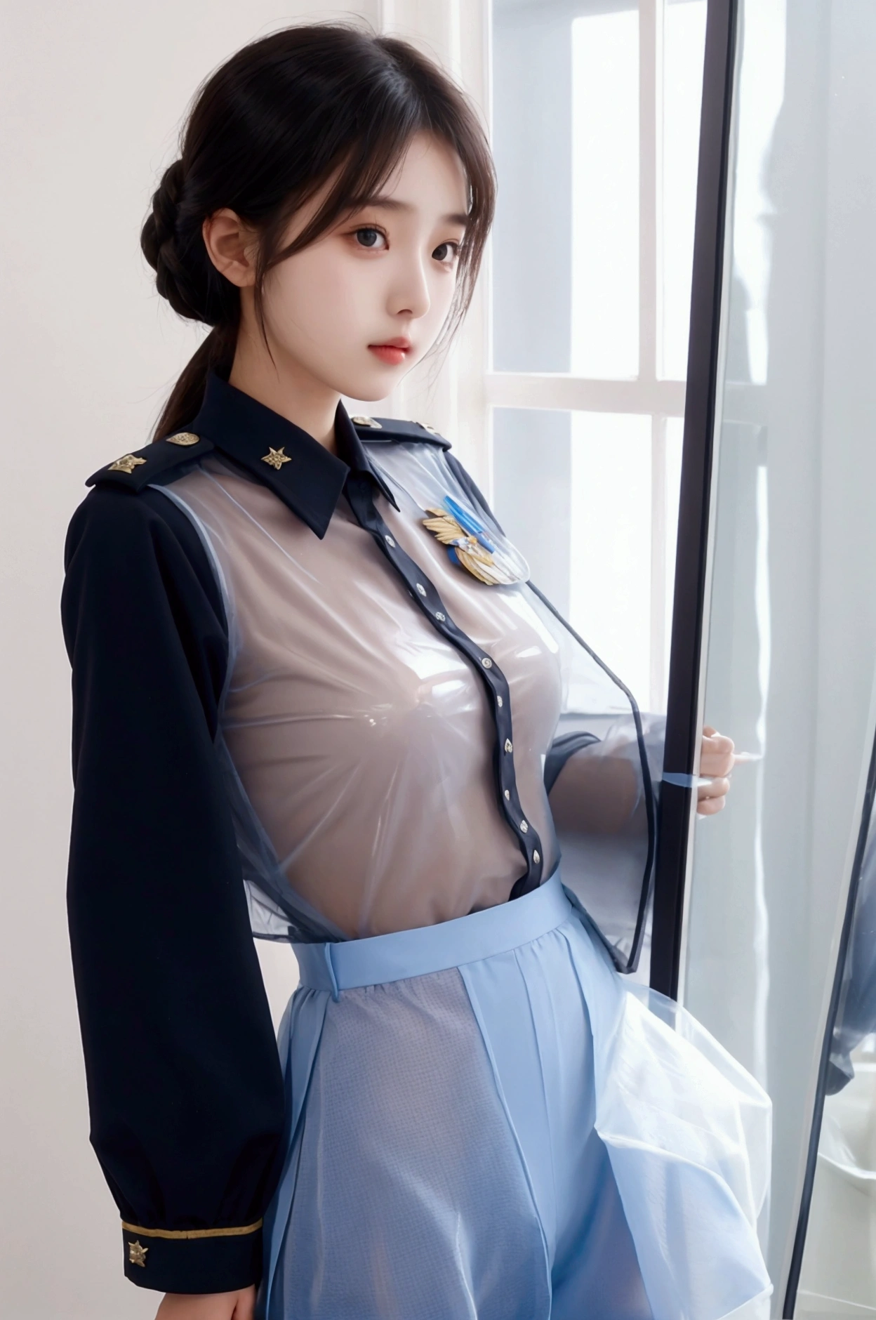 young girl wear a transparent officer uniform