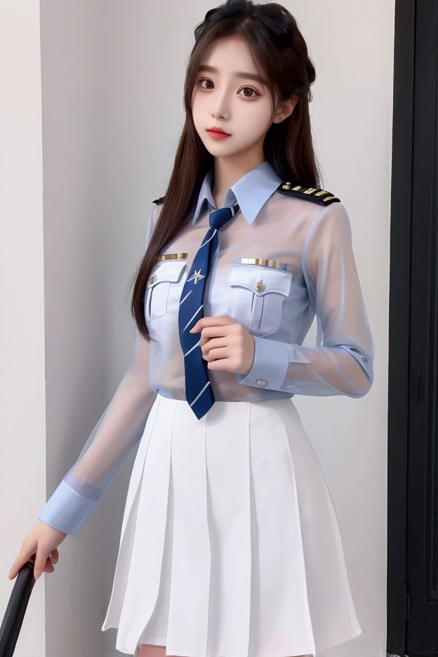 young girl wear a transparent officer uniform