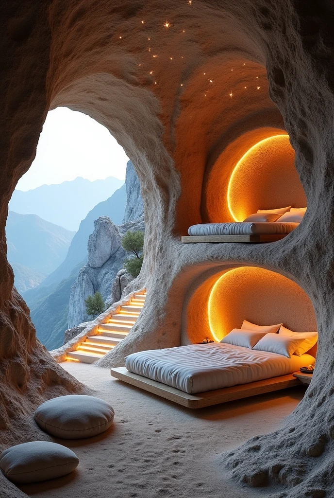 Picture a futuristic bedroom carved into the side of a mountain, with two pod-style beds embedded into the rock walls, one above the other. The beds are lit with soft, warm lighting that highlights the natural stone textures around them, and the bedding is a mix of plush pillows and thick, woven blankets. The room has a large, curved window carved out of the rock, offering a breathtaking view of a mountain valley bathed in moonlight. A winding stone staircase, with each step illuminated from underneath, leads up to the top bed. The ceiling features tiny, glowing crystals that create the effect of stars twinkling in a night sky. The floor is covered with a soft, sandy material, and round, cushioned seats are placed throughout the room, allowing you to sit and enjoy the peaceful, cave-like atmosphere while feeling connected to the surrounding mountains.