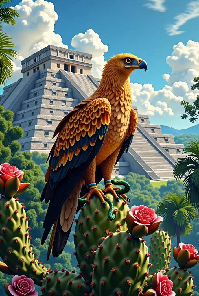 A golden eagle perched on a prickly pear cactus, with a snake in its beak, and a Mayan pyramid in the background. 