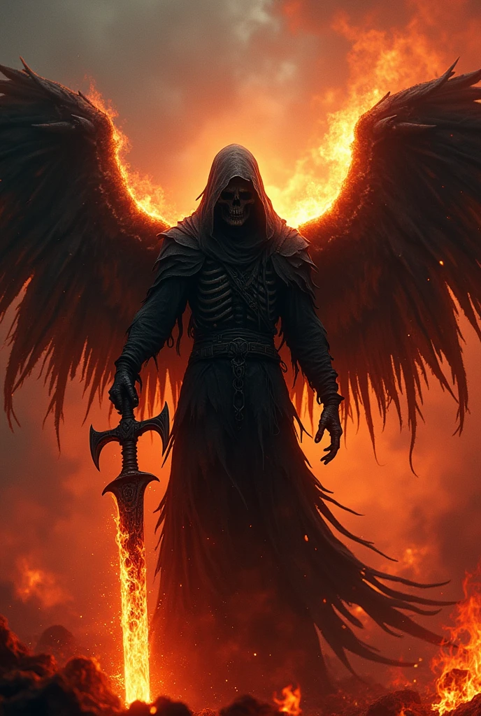 Create a detailed and dramatic logo featuring a menacing "Death Angel" at the center. The angel should have dark, tattered wings, with a haunting and ethereal aura. Its face is partially obscured by a shadowy hood, and its skeletal hands hold a burning scythe. Surround the figure with intense, realistic flames that rise behind and around it, engulfing the background in shades of red, orange, and black. The flames should create a powerful and chaotic scene, yet allow the angel to stand out as the focal point. Make sure the overall feel is dark, intense, and foreboding, with an otherworldly atmosphere that fits the theme of "Death Angel." Include subtle elements of ash and smoke to enhance the realism of the fire. This logo will represent a YouTube channel, so the design should be bold, eye-catching, and memorable.