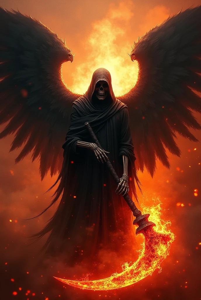 Create a detailed and dramatic logo featuring a menacing "Death Angel" at the center. The angel should have dark, tattered wings, with a haunting and ethereal aura. Its face is partially obscured by a shadowy hood, and its skeletal hands hold a burning scythe. Surround the figure with intense, realistic flames that rise behind and around it, engulfing the background in shades of red, orange, and black. The flames should create a powerful and chaotic scene, yet allow the angel to stand out as the focal point. Make sure the overall feel is dark, intense, and foreboding, with an otherworldly atmosphere that fits the theme of "Death Angel." Include subtle elements of ash and smoke to enhance the realism of the fire. This logo will represent a YouTube channel, so the design should be bold, eye-catching, and memorable.